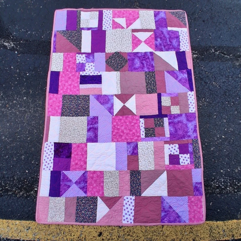Vintage Handmade Baby Girl Crib Quilt Blanket OOAK Pinks Purples Patchwork